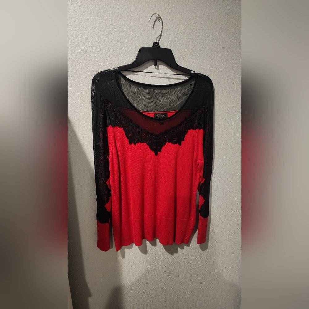 Thalia Sodi Red and Black Lace Blouse